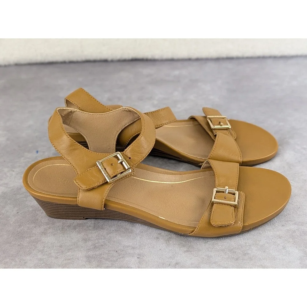 Vionic Frances VS303 Tan Leather Wedge Sandals Womens 10 Buckle Strappy Brown